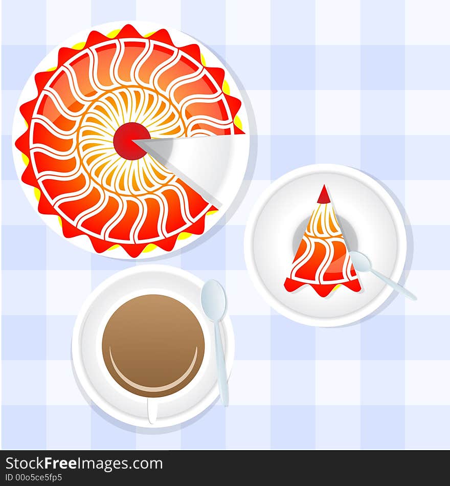 Cake and coffee on tablecloths