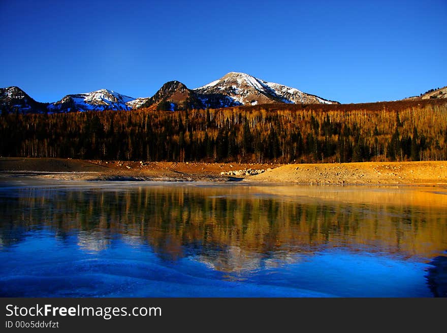 Icy reflections on a high mountain lake