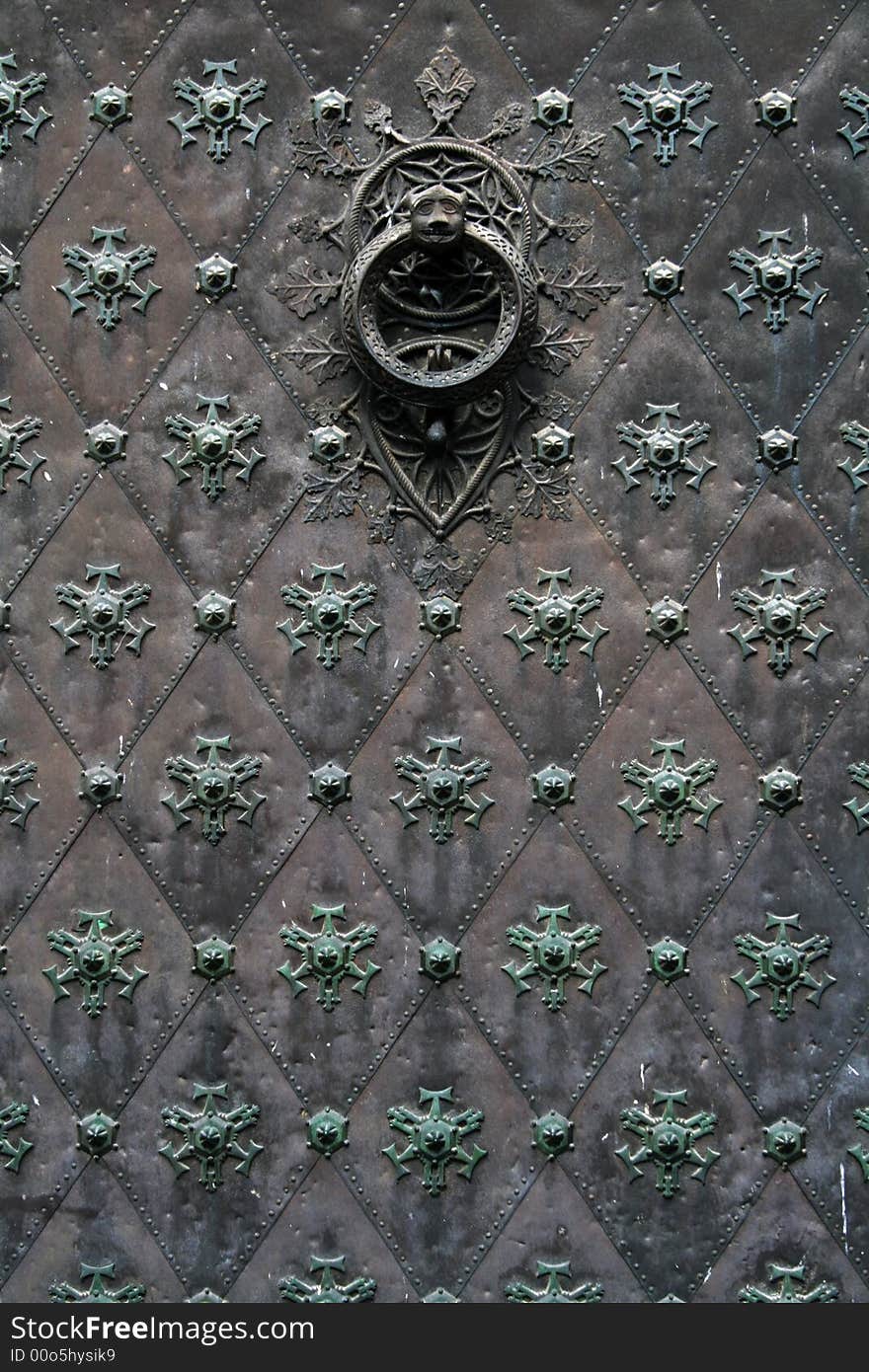 Detail of a very ornated door with a door knocker. Church in Tarragona, Spain.