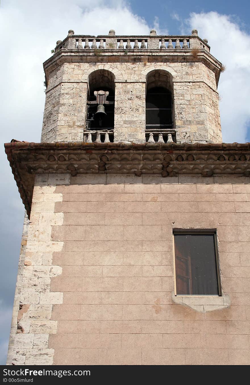 Bell tower of a chuch in the medieval town of Besalu, Spain.