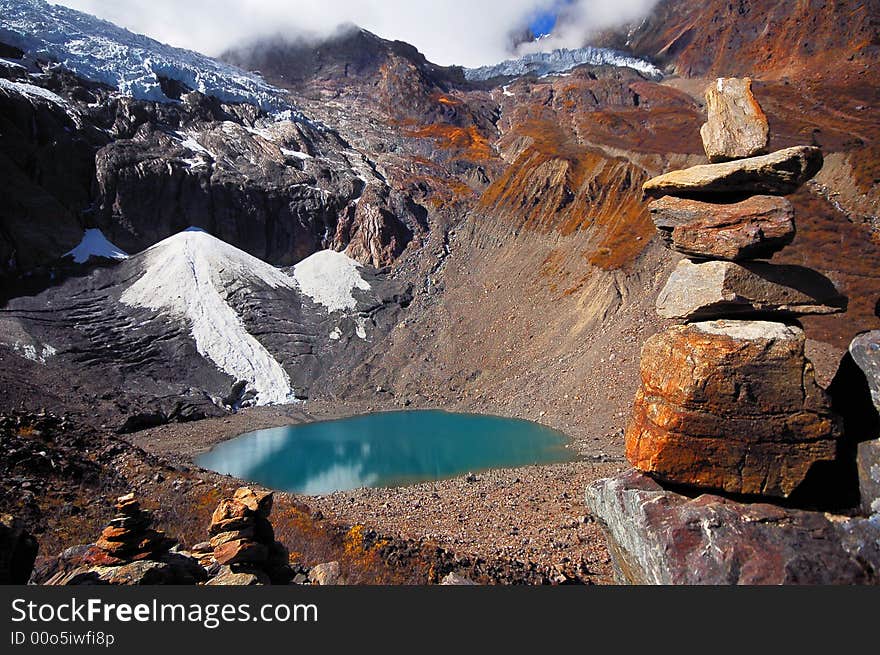 The rocks were piled by Tibetan for praying. The rocks were piled by Tibetan for praying.