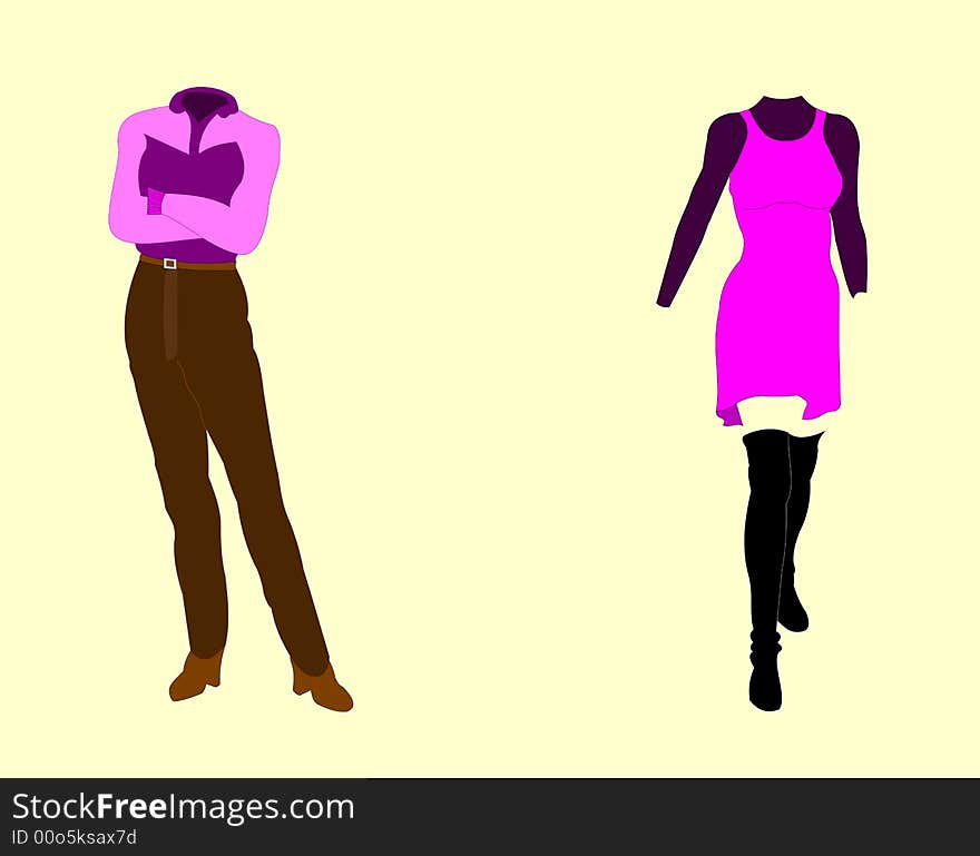 Two clothing outfits. One pantsuit and one pink dress. White background is on a work path. Two clothing outfits. One pantsuit and one pink dress. White background is on a work path