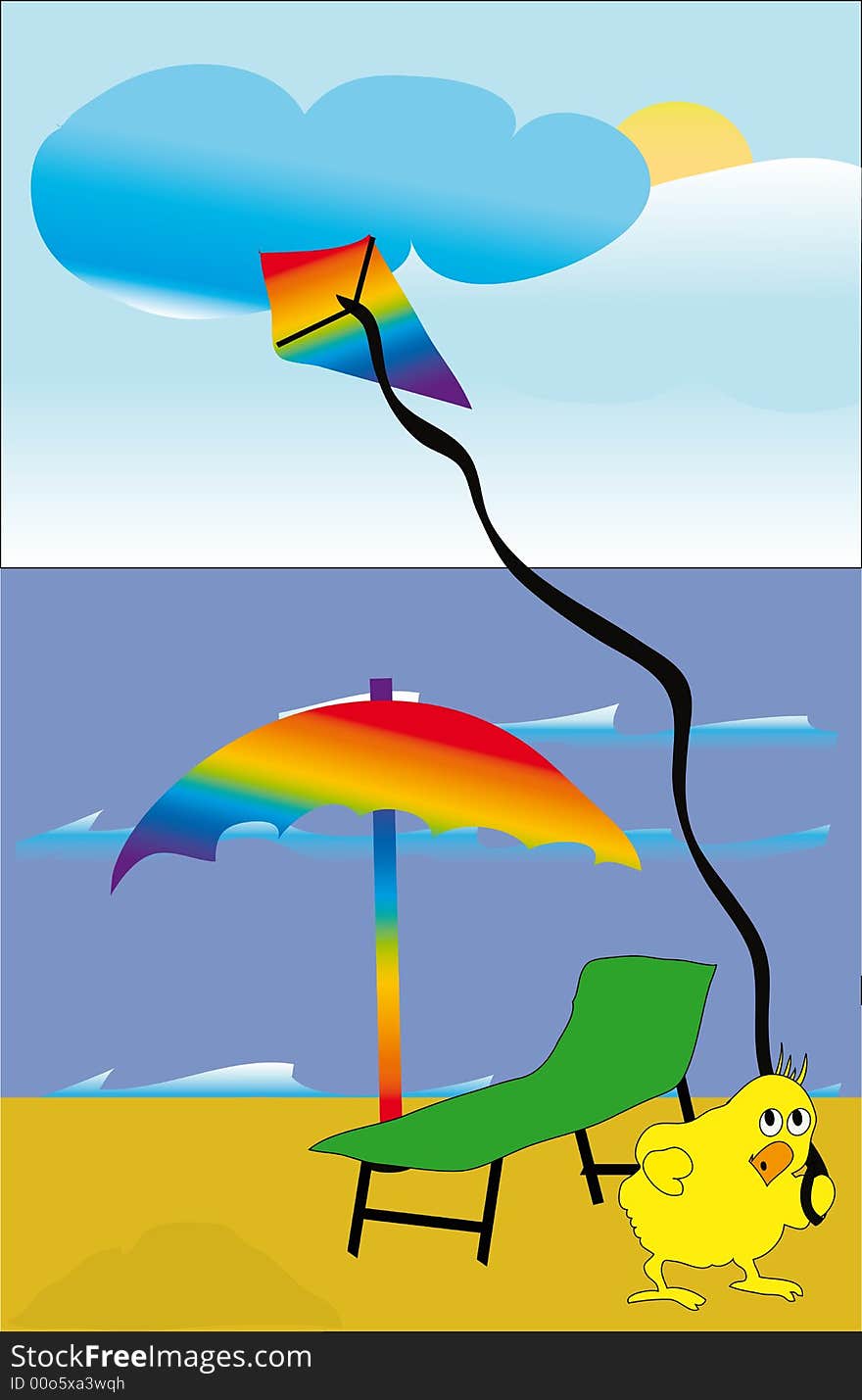Duck on the beach with a parasol
