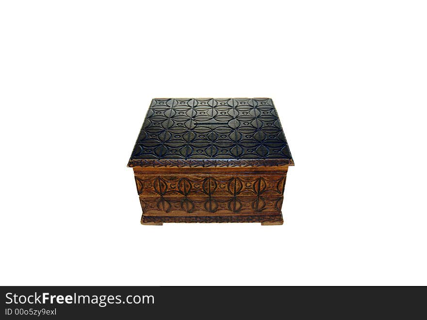 Wooden treasure chest keepsake box over white background