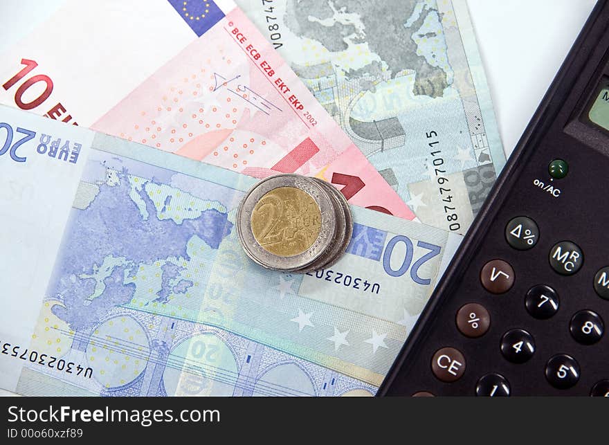 Closeup of Euro banknotes and coins. Closeup of Euro banknotes and coins