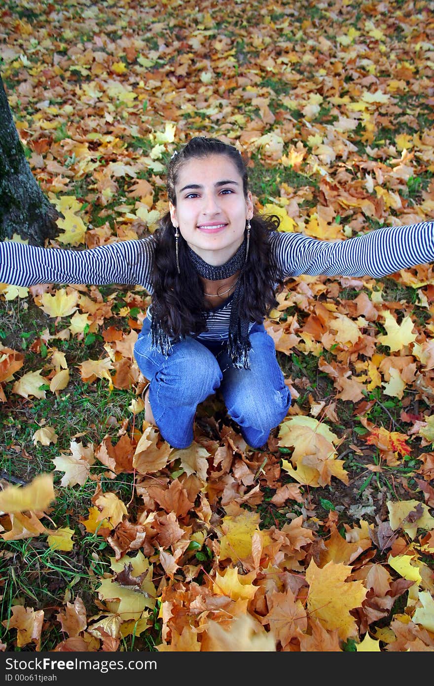 A girl sitting in the autumn leaves. A girl sitting in the autumn leaves