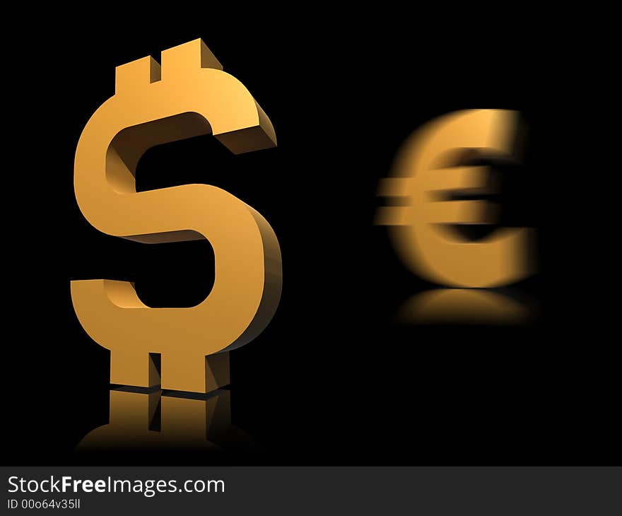 Gold dollar & euro symbol - 3d illustration isolated on black background