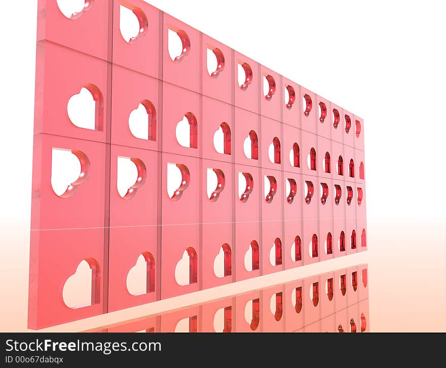 Valentine from a long pink transparent wall from squares and hearts. Valentine from a long pink transparent wall from squares and hearts