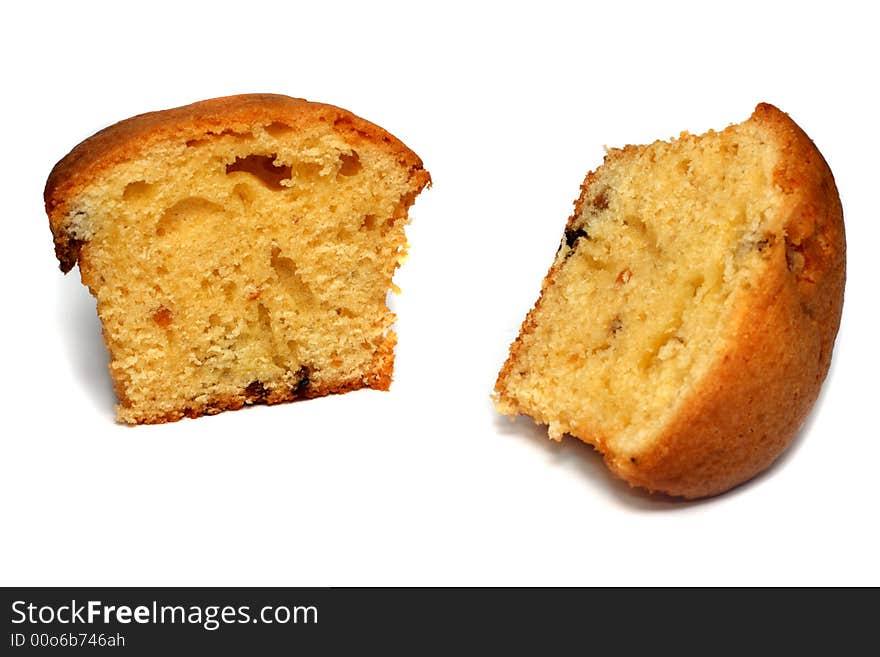 Two muffin pieces isolated on white background. Two muffin pieces isolated on white background