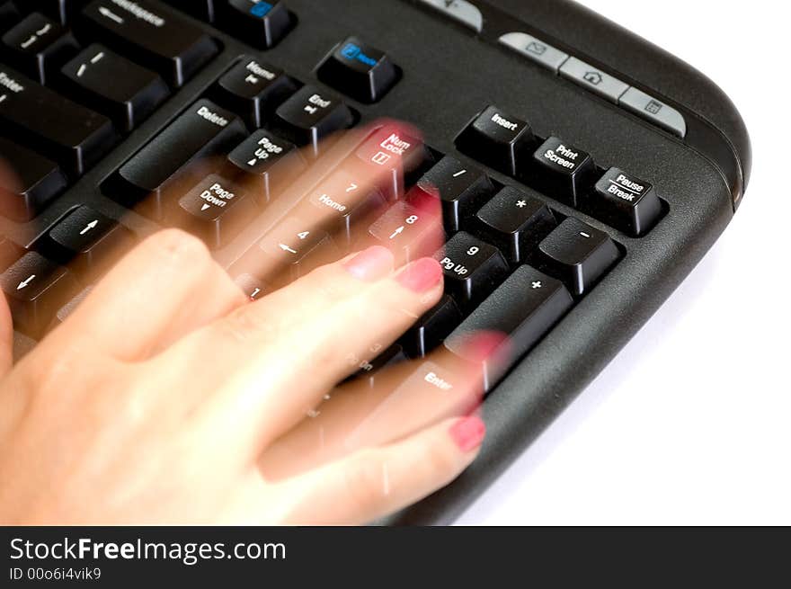 Beautiful woman hands moving over black keyboard. Beautiful woman hands moving over black keyboard