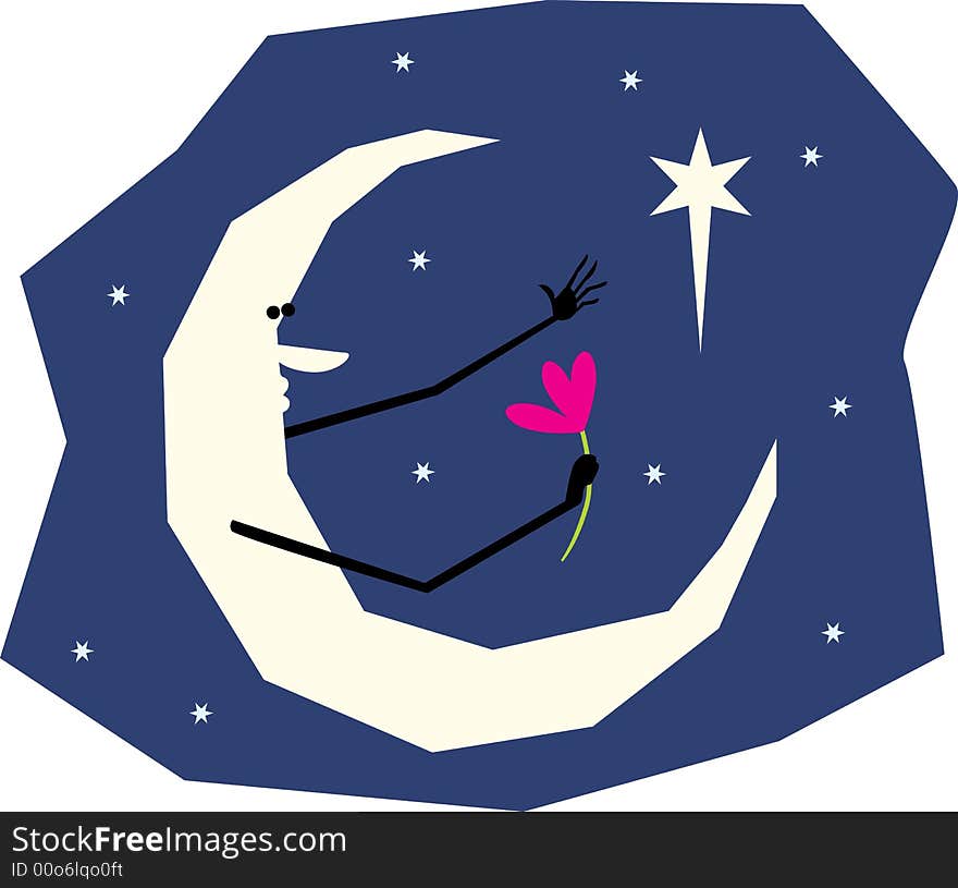 Illustration of a moon offering flower to a star. Illustration of a moon offering flower to a star