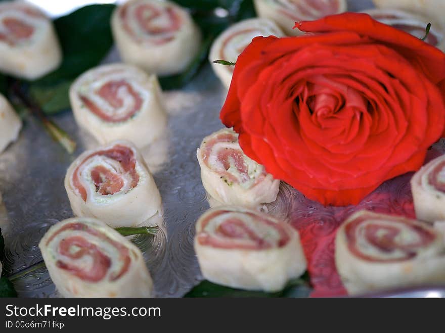 Delicious Sushi Appetizers With Red Rose