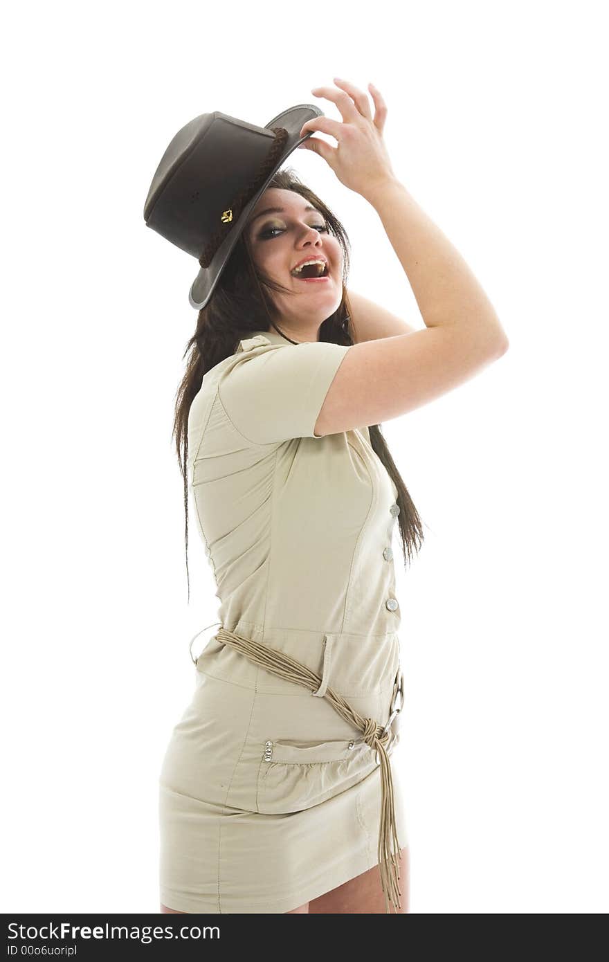 Beautiful brunette in stetson on isolated background