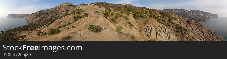 Stitched Panorama, panoramic view of Balaklava from the path on a grey rock. Stitched Panorama, panoramic view of Balaklava from the path on a grey rock