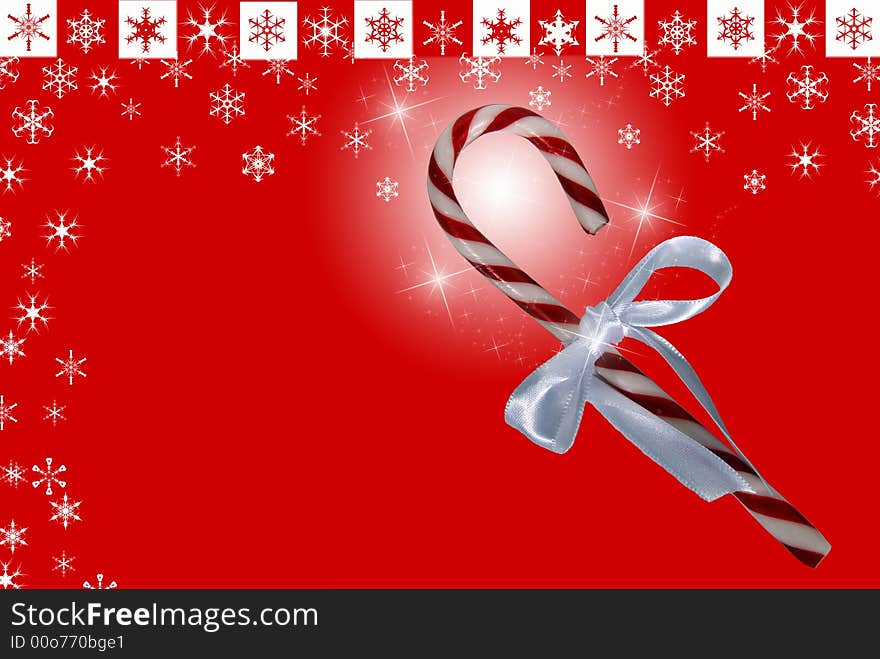 Single candy cane with a satin bow on snowflake background. Single candy cane with a satin bow on snowflake background.