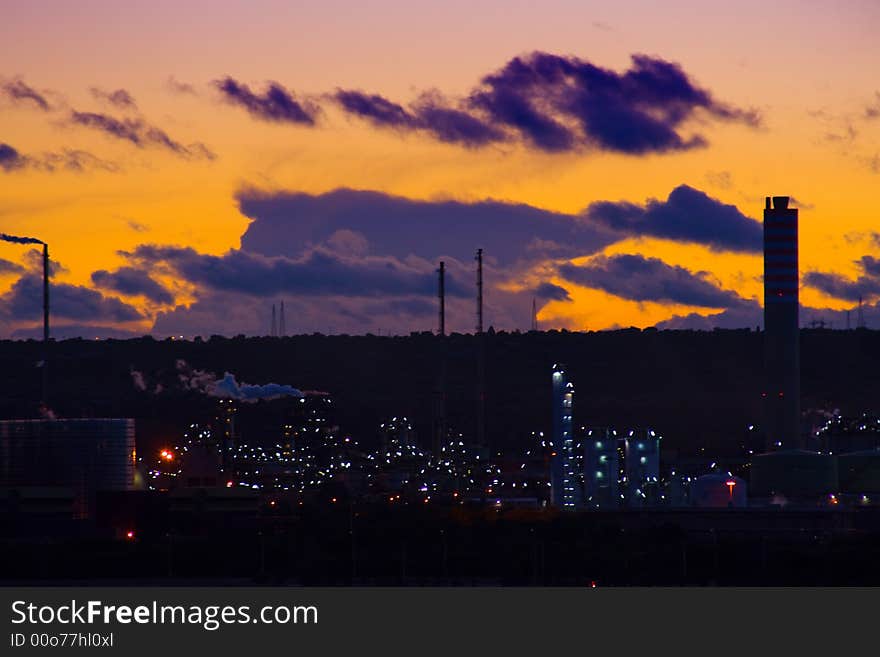 A suggestive industrial sunset in sicilian landscape