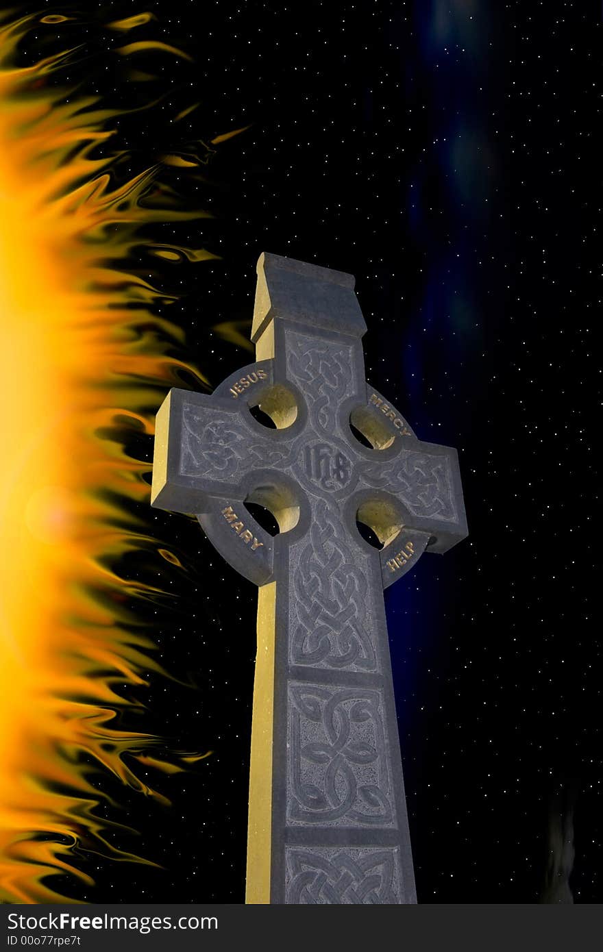 Celtic cross against a starry flamed night. Celtic cross against a starry flamed night