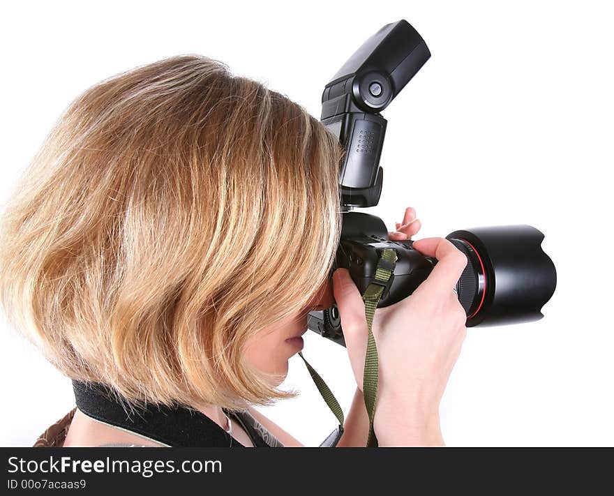 Young woman with camera isolated over white