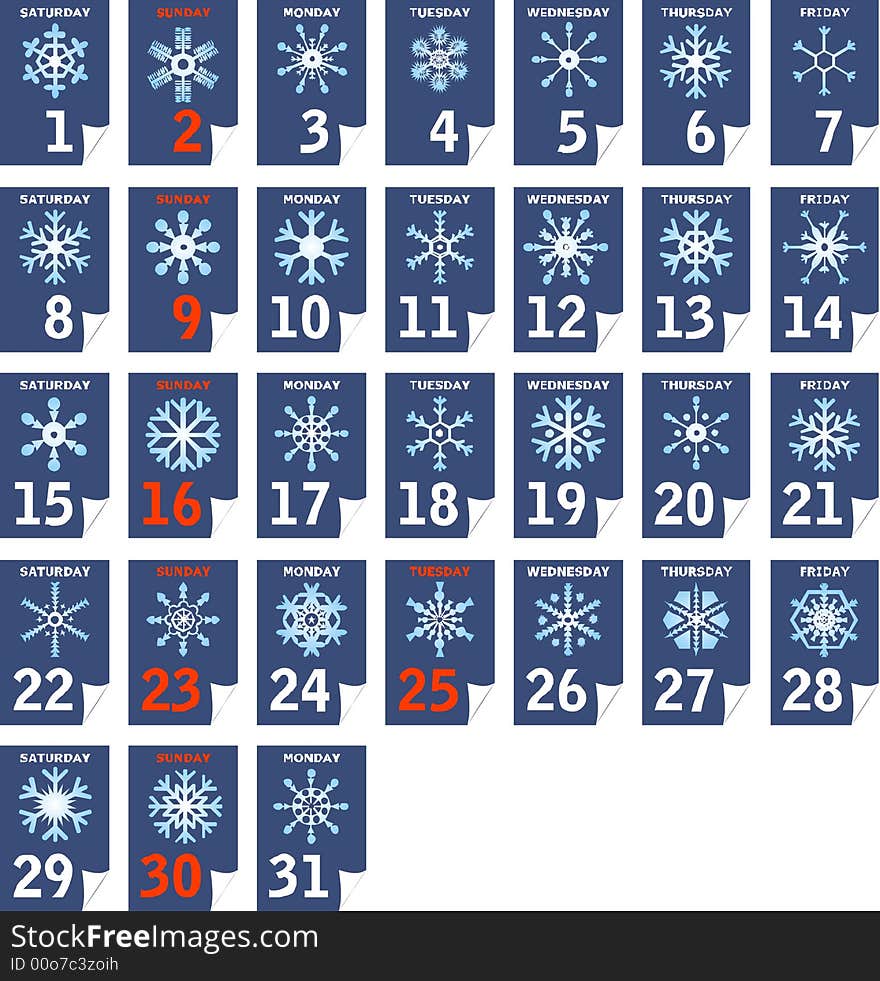 Each day different snowflake calendar, December (separable)