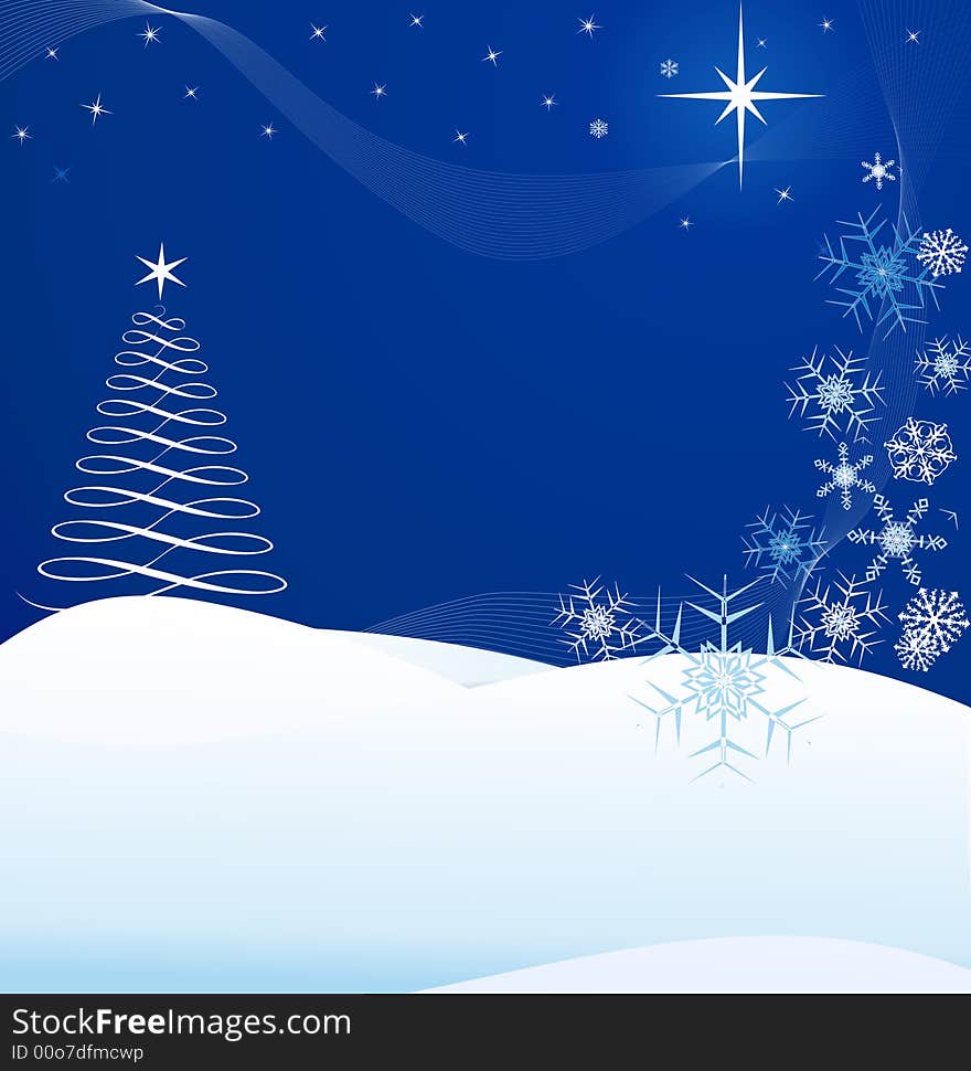 Christmas tree with stars, snowflakes, and line art on gradient blue background. Christmas tree with stars, snowflakes, and line art on gradient blue background.