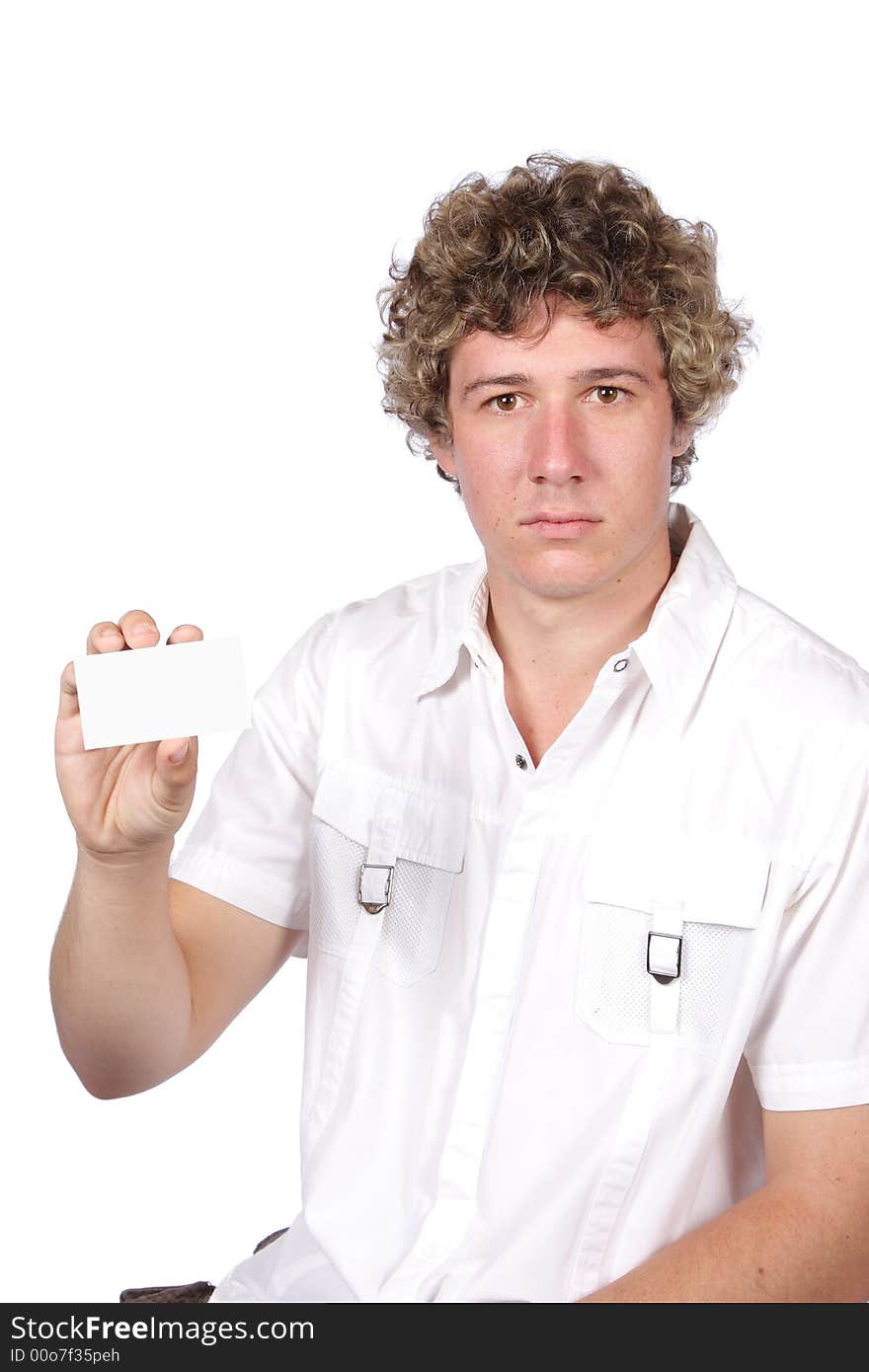 Man holding blank business card in hand