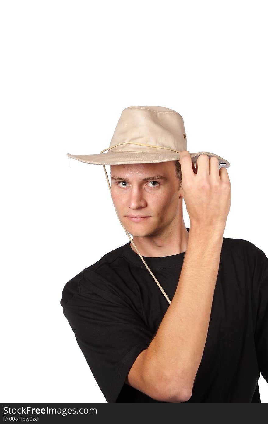 Young farmer with broad hat on head. Young farmer with broad hat on head