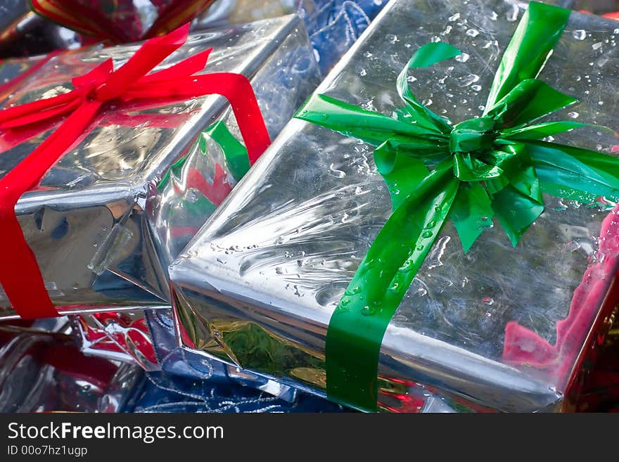 Presents wrapped in silver paper