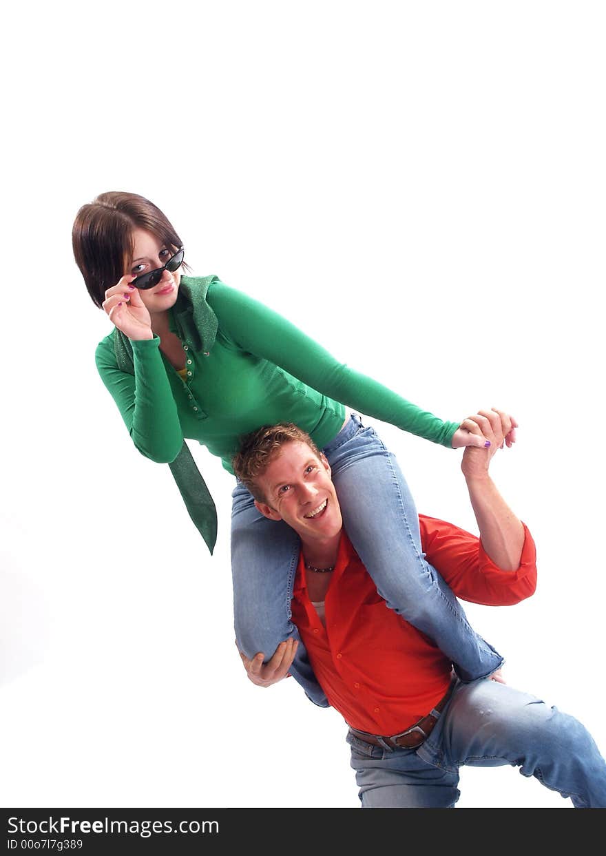 Young adult couple wearing red and green. Young adult couple wearing red and green