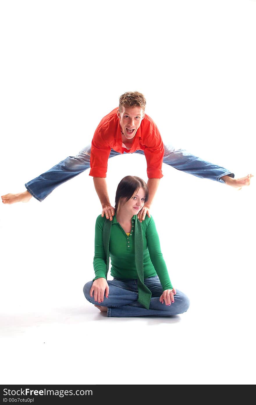 Young adult couple wearing red and green. Young adult couple wearing red and green