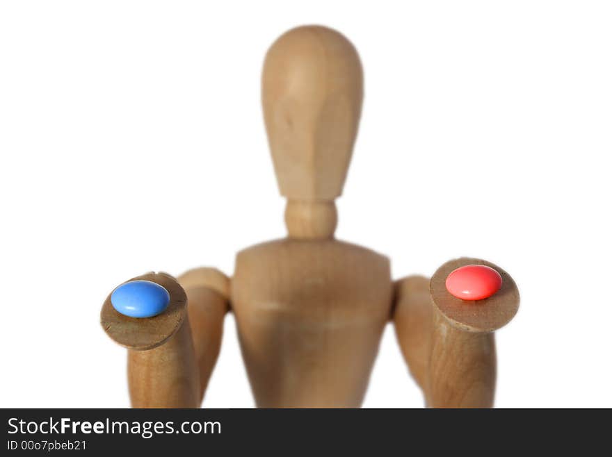 Wood mannequin choose red or blue pill. Wood mannequin choose red or blue pill