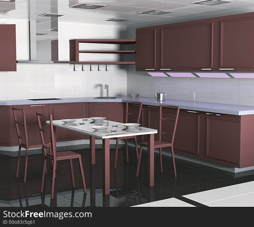 Kitchen in white, black and red tones