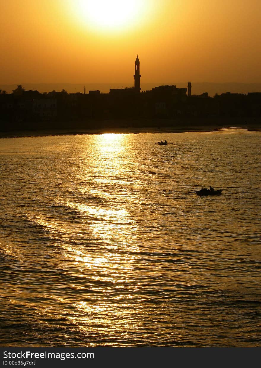 Silhouette of mosque along the Nile River at sunset. Silhouette of mosque along the Nile River at sunset