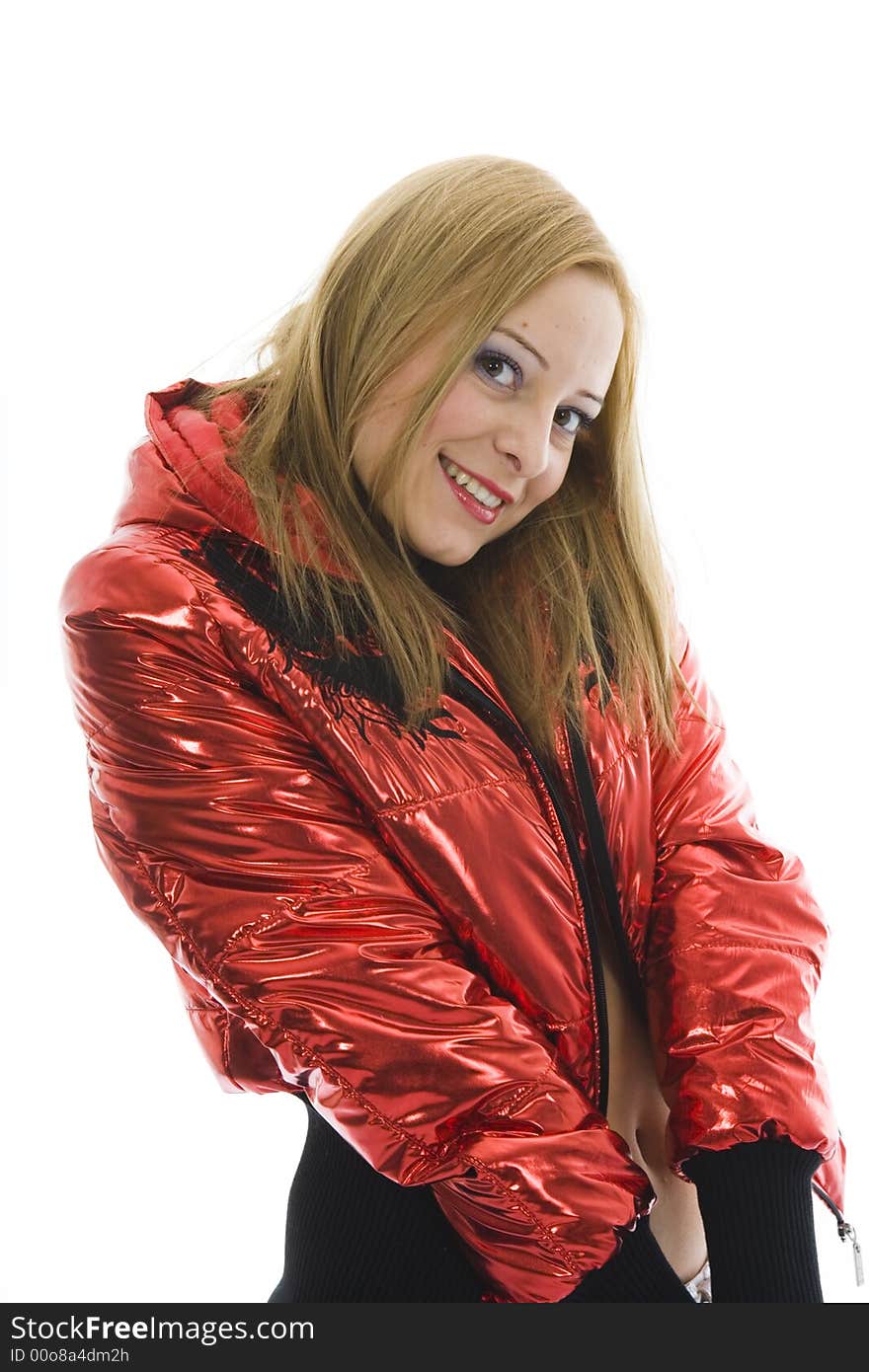 Blonde in red jacket