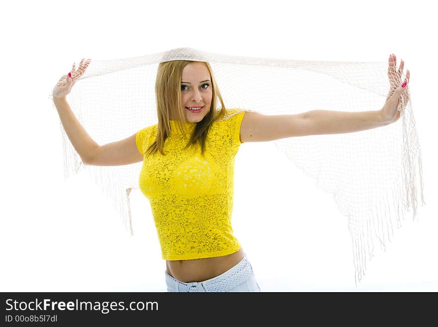 Beautiful blonde in yellow blouse