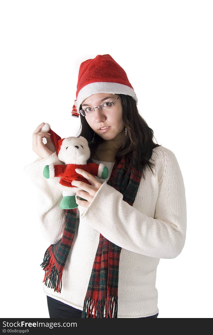 Girl in white sweater and red hat