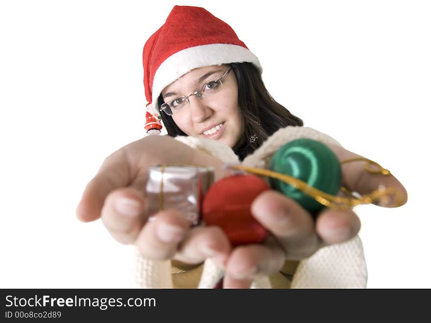 Girl with red hat holding some gifts. Girl with red hat holding some gifts