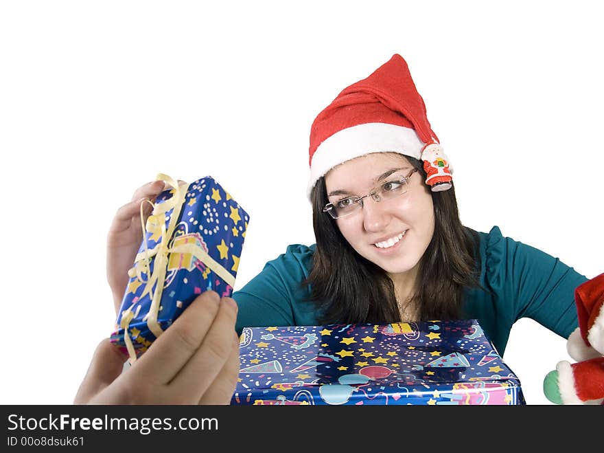 Girl receiving her christmas gift. Girl receiving her christmas gift