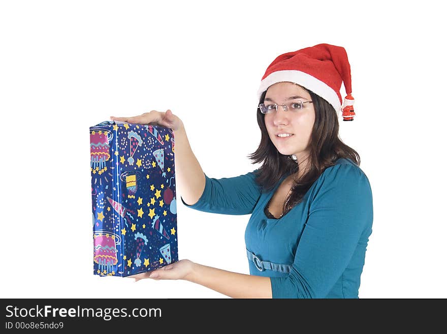 Girl holding big christmas gift. Girl holding big christmas gift