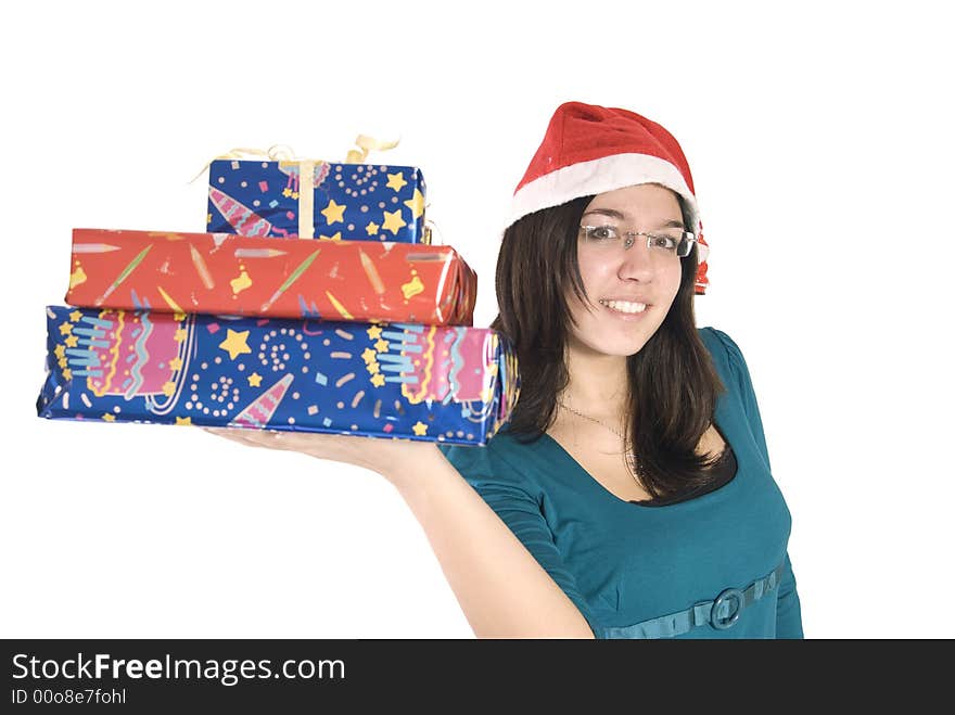 Cute happy girl is holding few presents