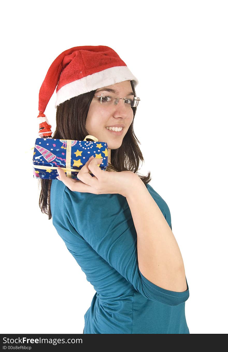 Girl with red christmas hat smiling. Girl with red christmas hat smiling