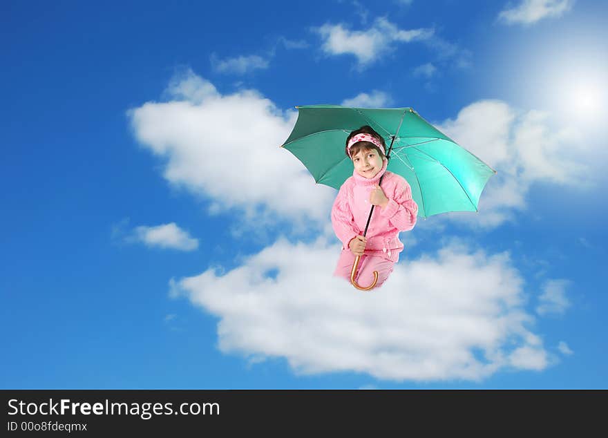 Pretty kid sit on cloud under umbrella