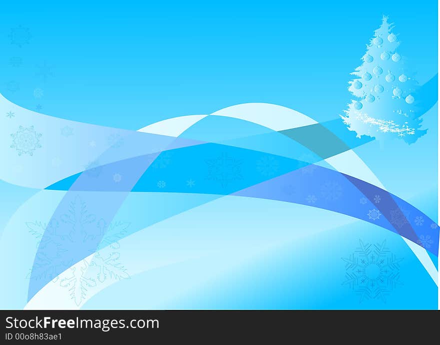 Blue christmas illustration with snowflakes and Christmas tree