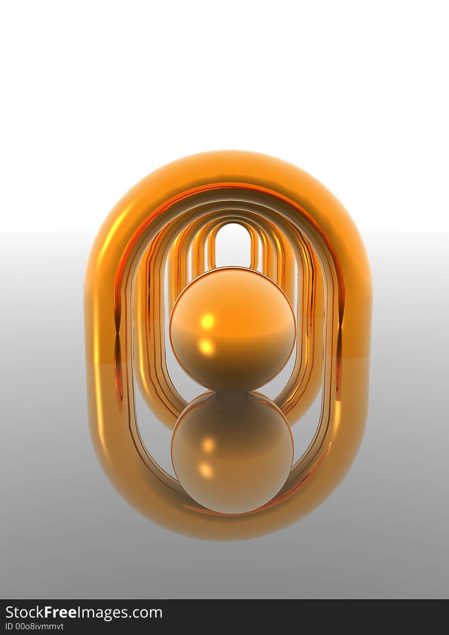 Golden gates and sphere on glass surface - 3d scene. Golden gates and sphere on glass surface - 3d scene.