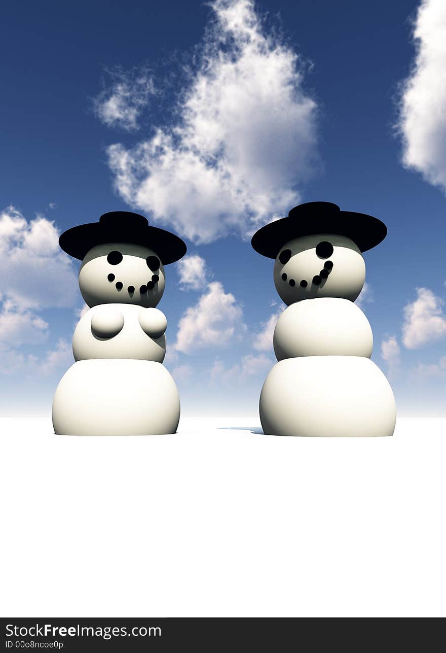 A computer created Christmas scene of a happy snowman and snowwomen. A computer created Christmas scene of a happy snowman and snowwomen.