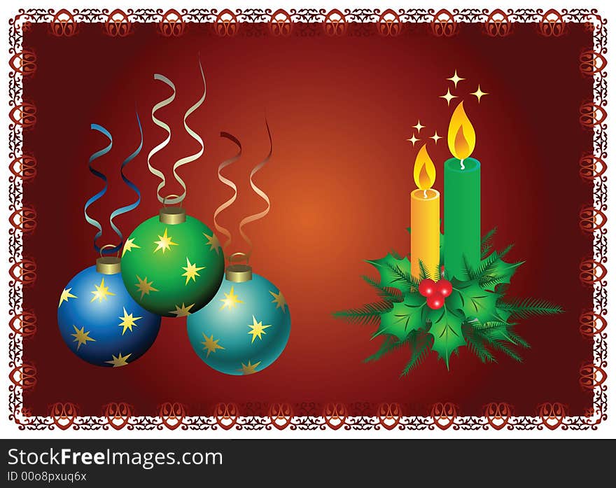 Vector christmas balls end candles with ornament border