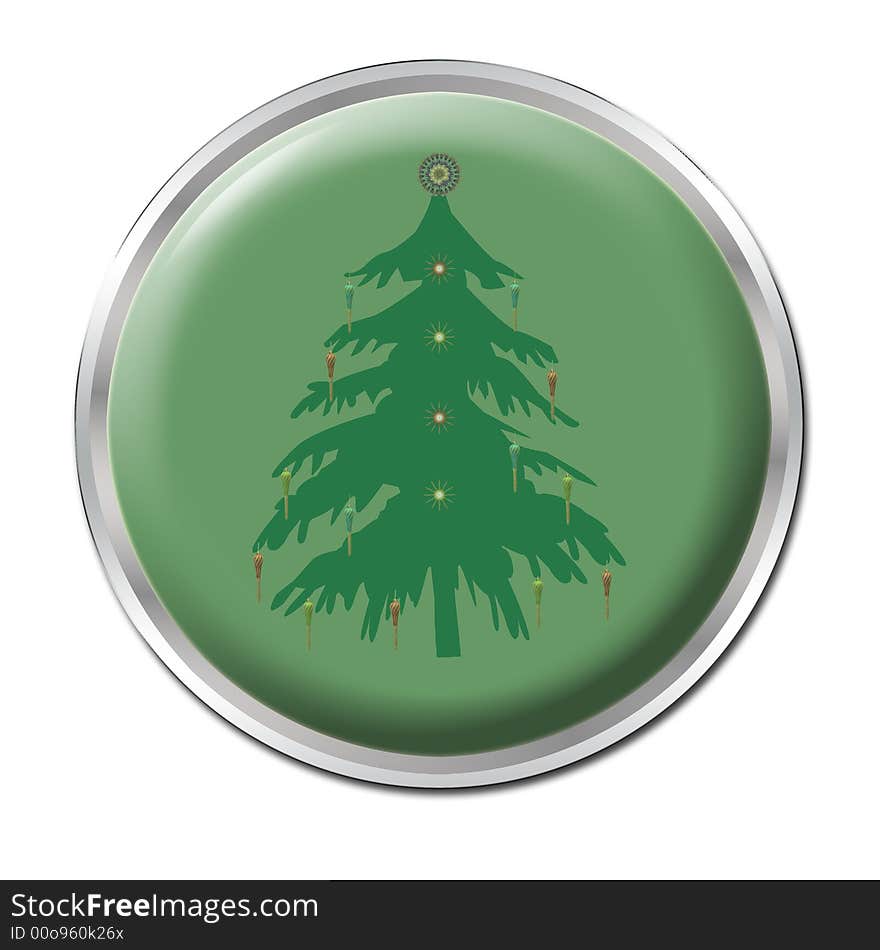 A green button with a christmas tree. A green button with a christmas tree