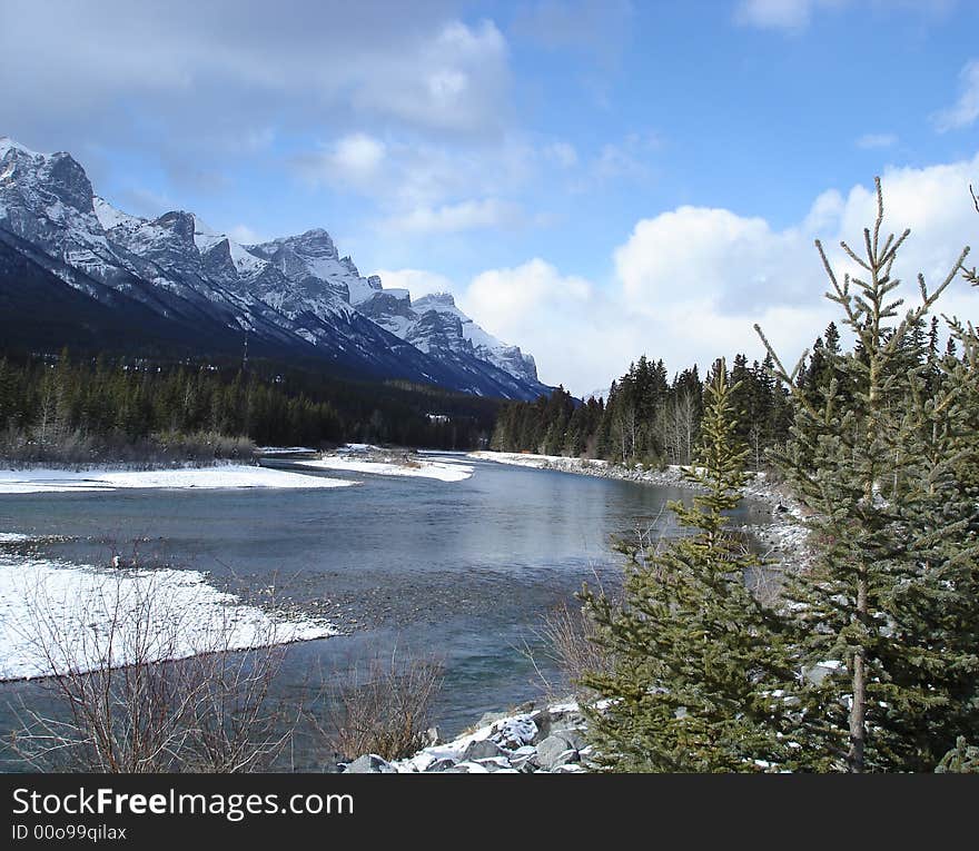 Mountain Range Aside Bow River