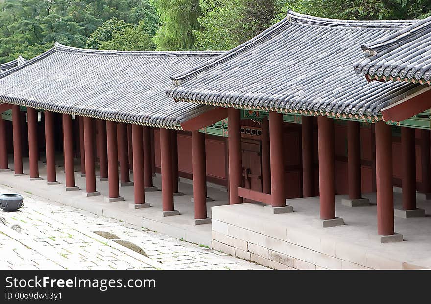 An oriental style covered walkway. An oriental style covered walkway