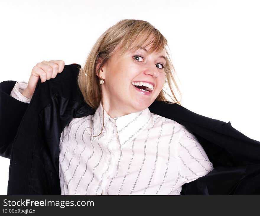 Happy blond woman in black suit. Happy blond woman in black suit