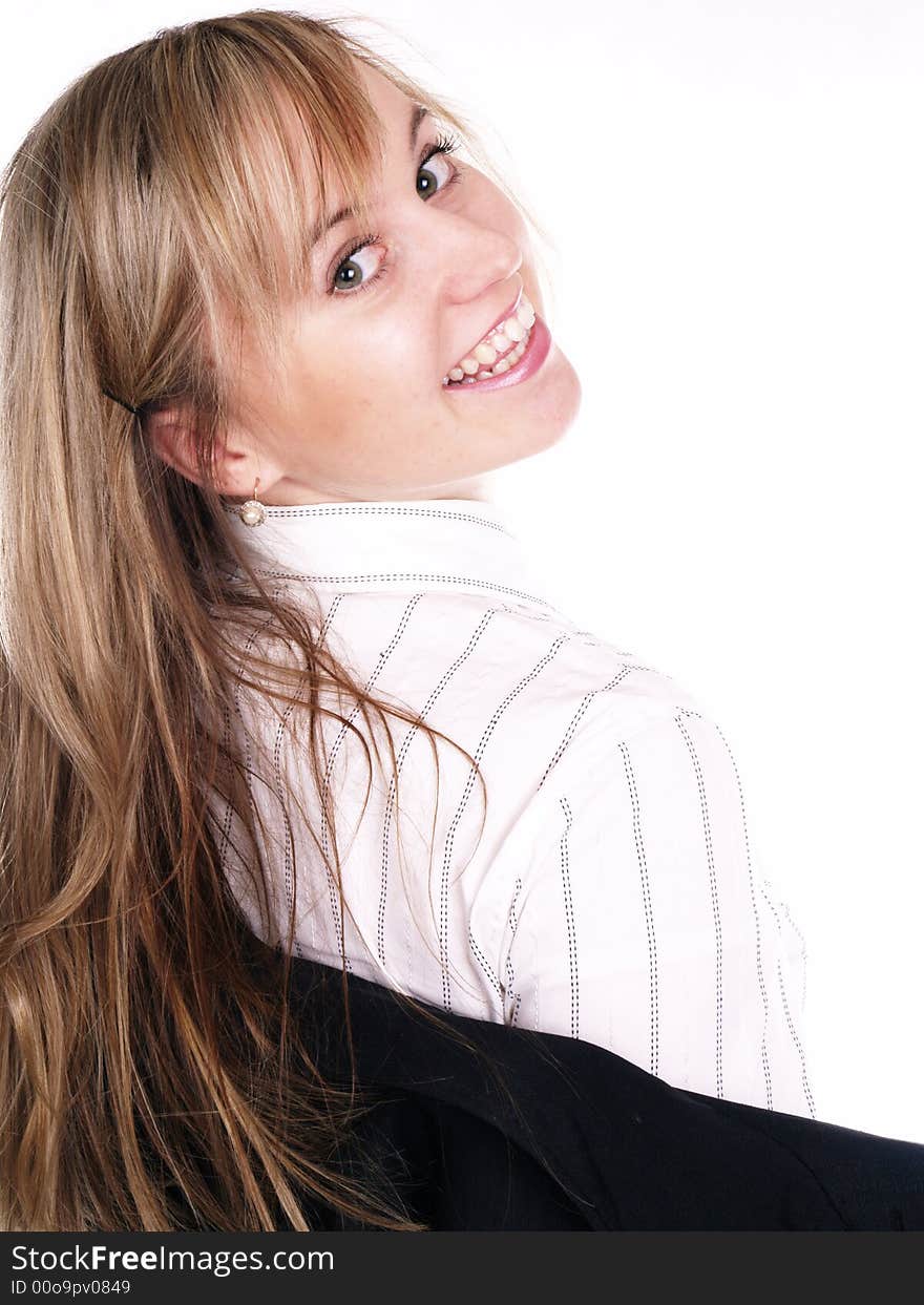 Happy blond woman in black suit. Happy blond woman in black suit